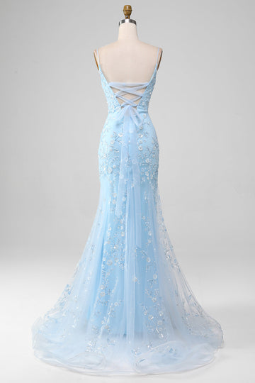 Robe longue longue sirène perlée bleu clair scintillant